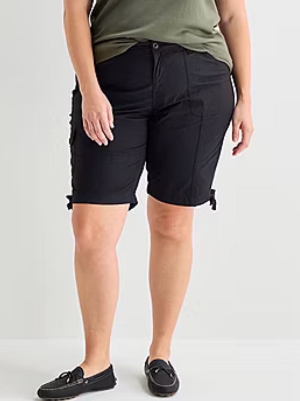 St. John's Bay Black Knee-Length Tie-Hem Bermuda Cargo Shorts Plus Size 24W NWT